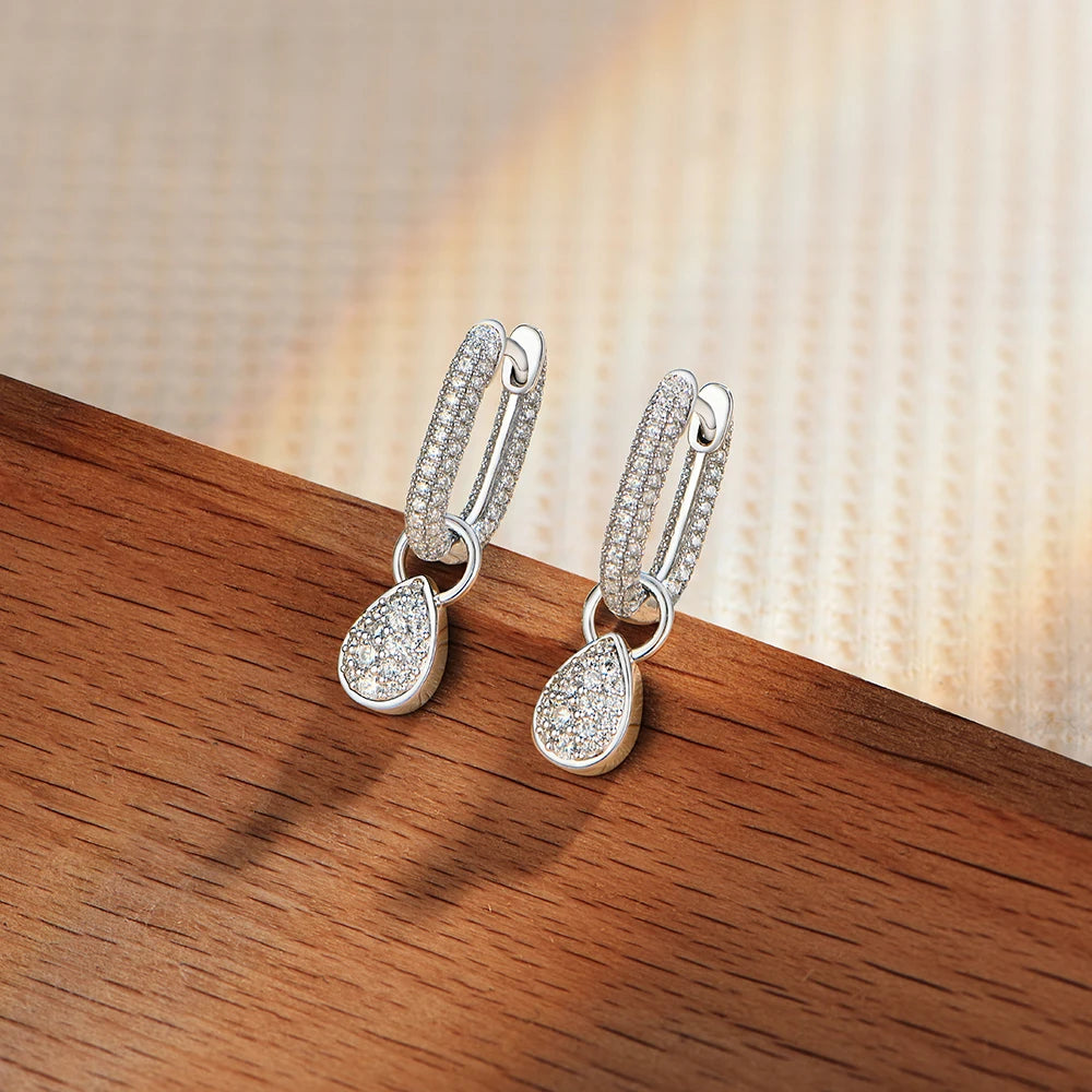 ATTA GEMS synthetic moissanite water drop pendant hoop earrings for women, close-up jewelry view