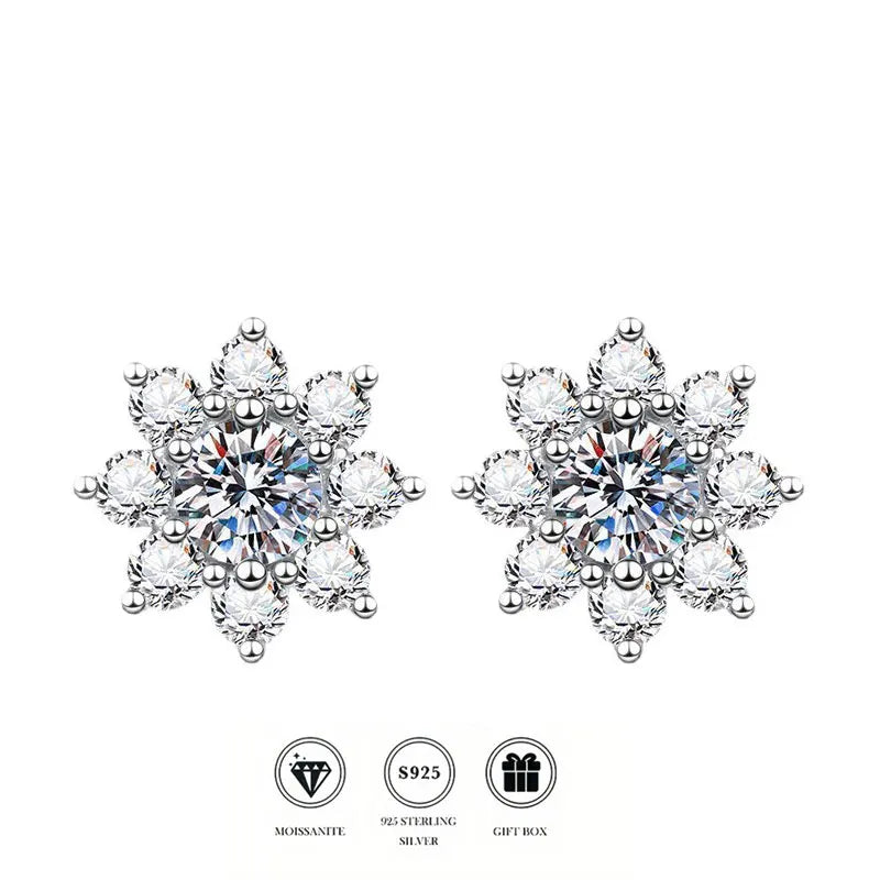 Moissanite sunflower stud earrings in 925 sterling silver, luxury designer-style women’s jewelry