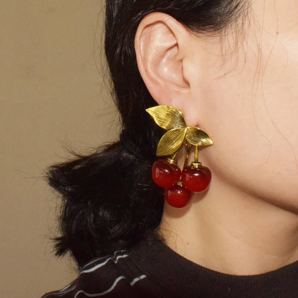 Vintage metal leaf and resin red cherry dangle earrings by HSF Marketplace