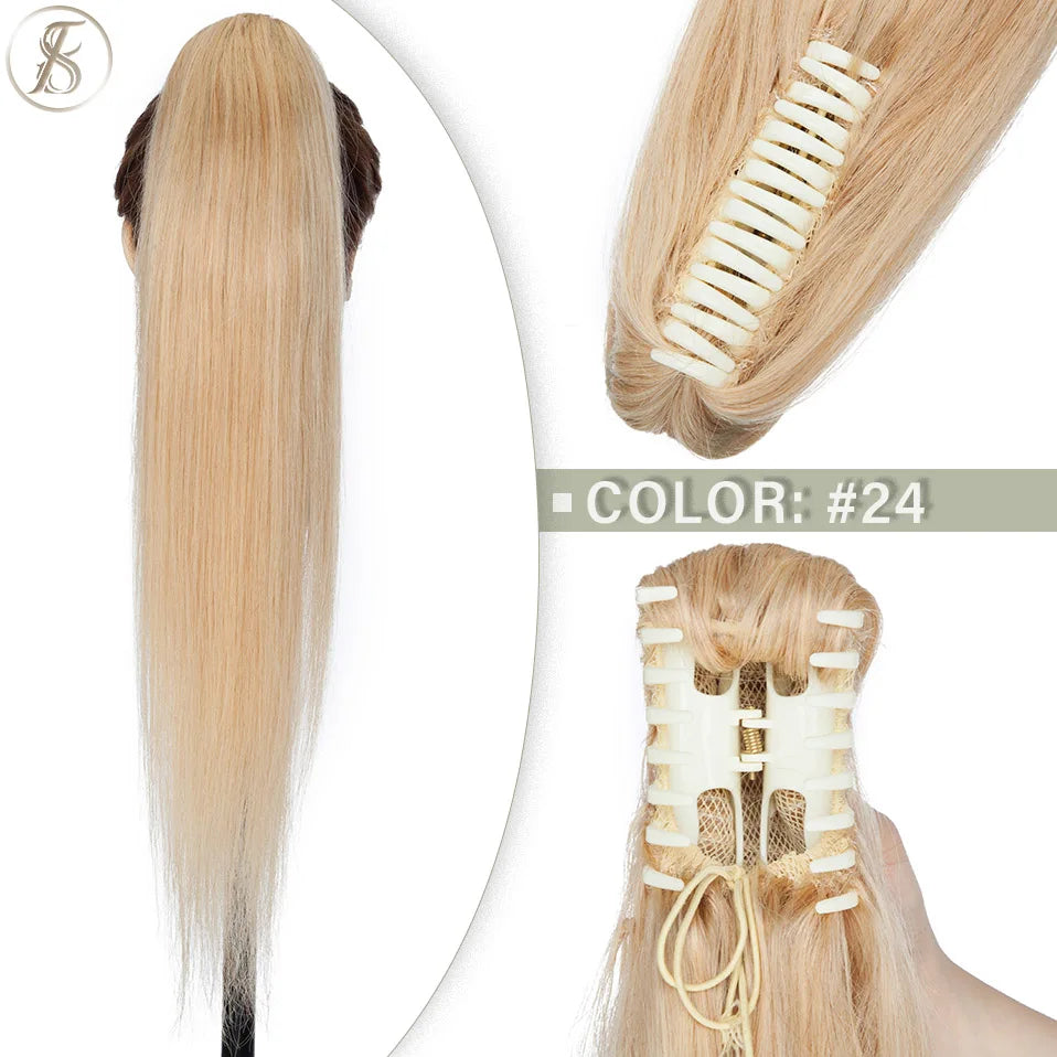 TESS Brazilian human hair claw clip ponytail extension, 14–22 inches, natural black to blonde