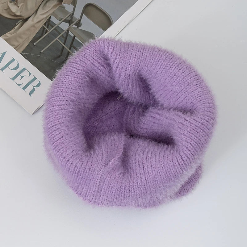 Women's candy-color faux fur knitted earflap winter hat, soft Kpop-style beanie cap by HSF Marketplace