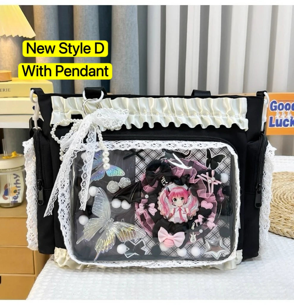Transparent Y2K Japanese Ita Bag by HSF Marketplace featuring a large-capacity, casual crossbody tote with cute lolita design.