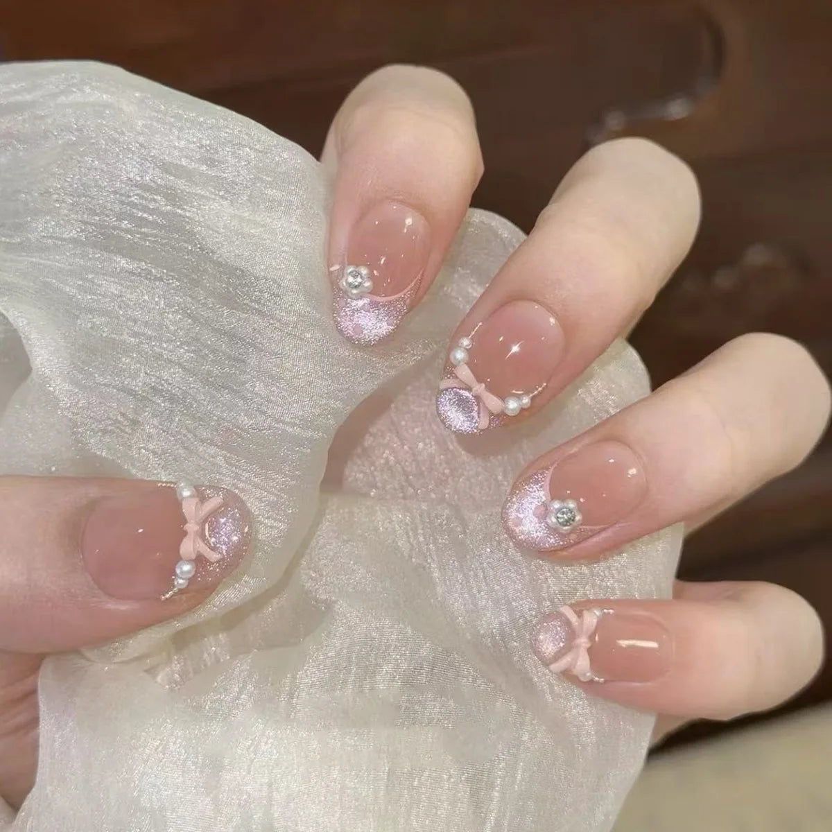 24pcs HSF Marketplace short square press-on false nails with white French tips, glitter stars, rhinestones, bows, and cat-eye details