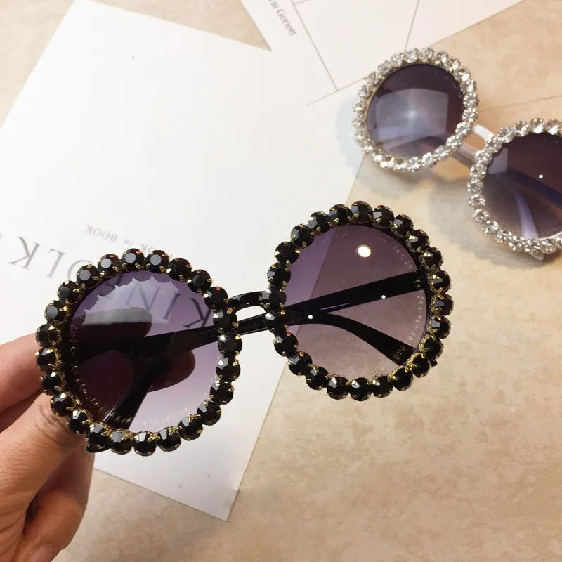 Luxury diamond crystal round sunglasses for women with big frames, vintage style, UV400 protection, designer HSF Marketplace eyewear.