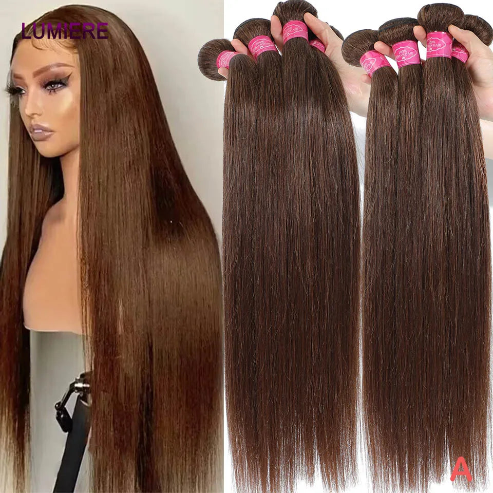 Chocolate Brown 20A Brazilian Bone Straight Bundles With Closure Human Hair Bundles With Frontal HD Transparent Loose Deep Hair Weave Extensions Afro Kinky Yaki Straight Curly Wave Bundles With Closure Frontal Brazilian Virgi