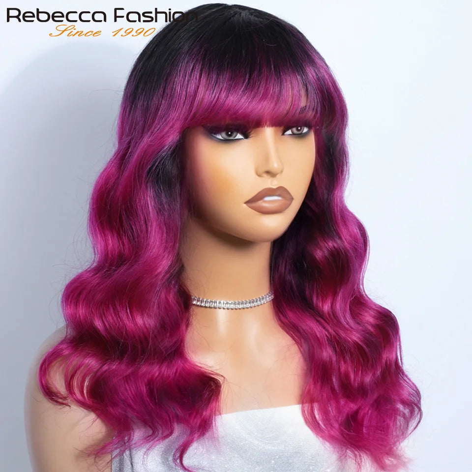 Blue Rebecca T1B Human Hair Wigs with Bangs, full machine-made Brazilian body wave wig for women and cosplay.