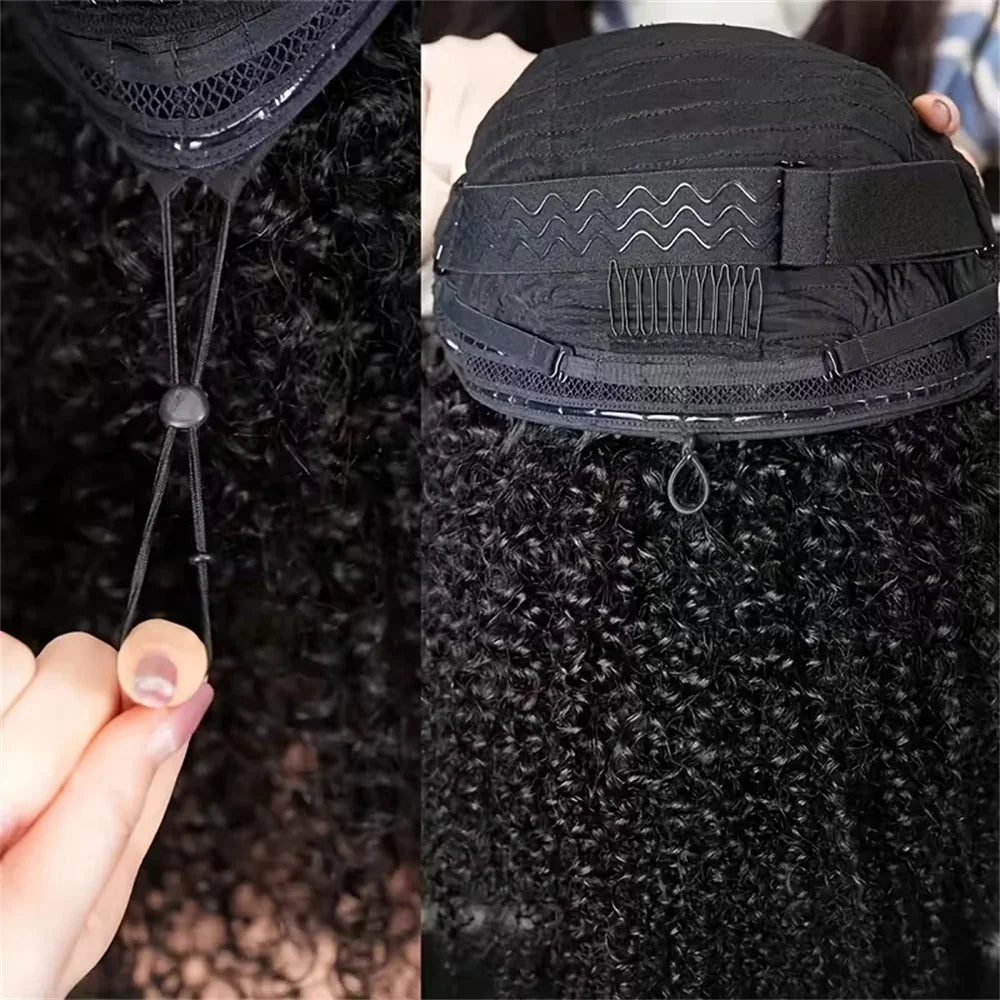Kinky Curly human hair 3-in-1 half wig with drawstring, seamless clips, and headband for women