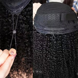 Kinky Curly human hair 3-in-1 half wig with drawstring, seamless clips, and headband for women