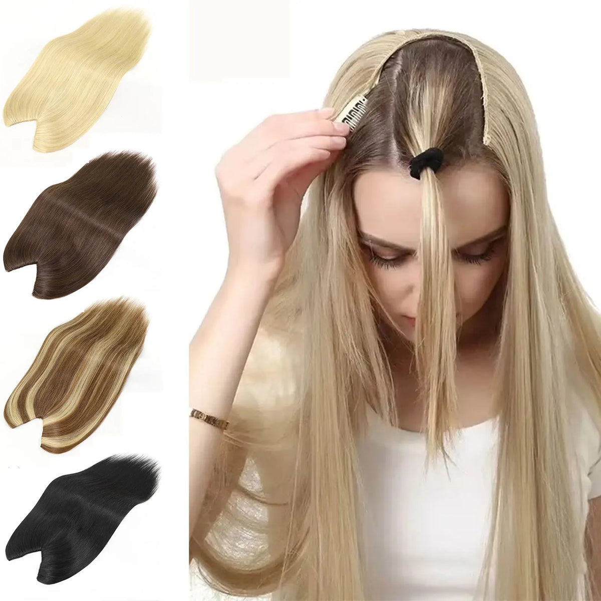 V-shape clip-in human hair extensions with brown blonde highlights, straight 16-inch Brazilian Remy hair topper