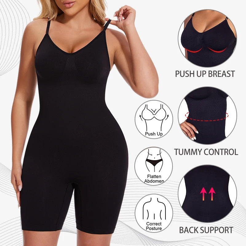 Women's full body shaper bodysuit with tummy control, anti-chafing shorts, waist trainer and butt lifter