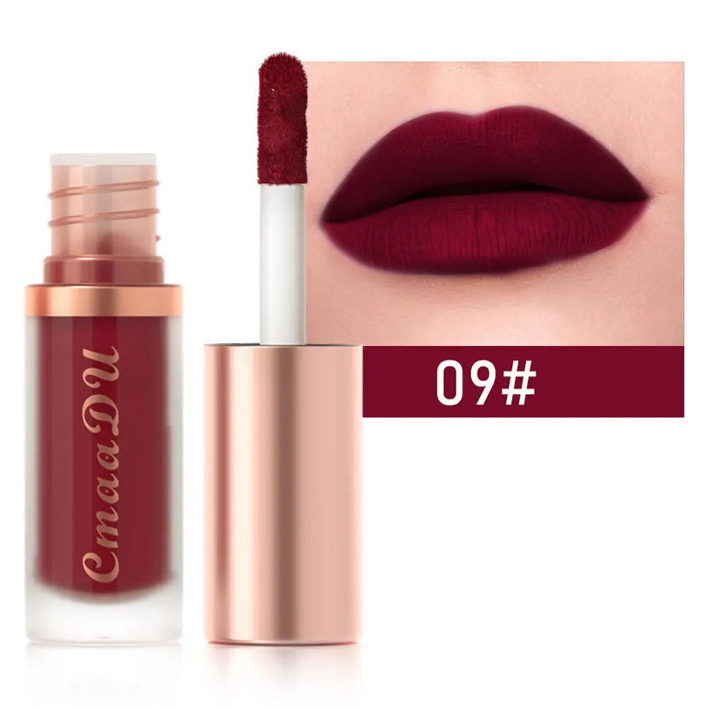 Waterproof matte velvet lip glaze with moisturizing, long-lasting non-stick finish in a cosmetic tube