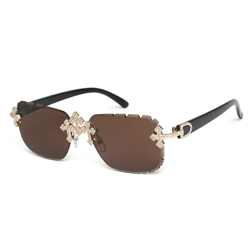 Stylish 2026 rimless square sunglasses for women with rhinestone accents, UV400 protection, and trendy cut lens design.