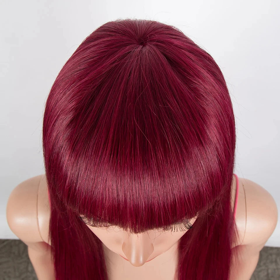 Burgundy straight human hair wig with bangs for women by HSF Marketplace