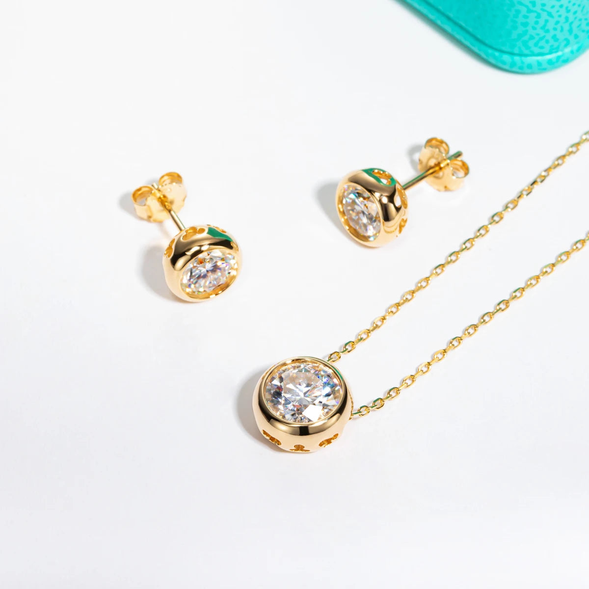 Moissanite stud earrings and necklace set in 18K gold and silver by HSF Marketplace