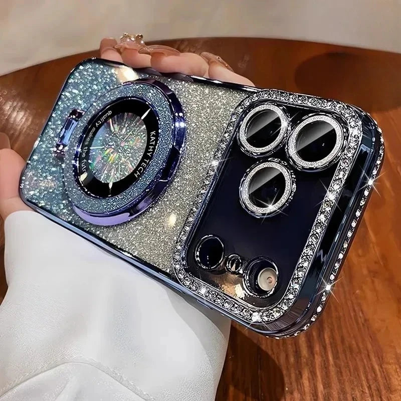 Glitter magnetic phone case for iPhone 14 Pro Max with raised lens protection and sparkling finish