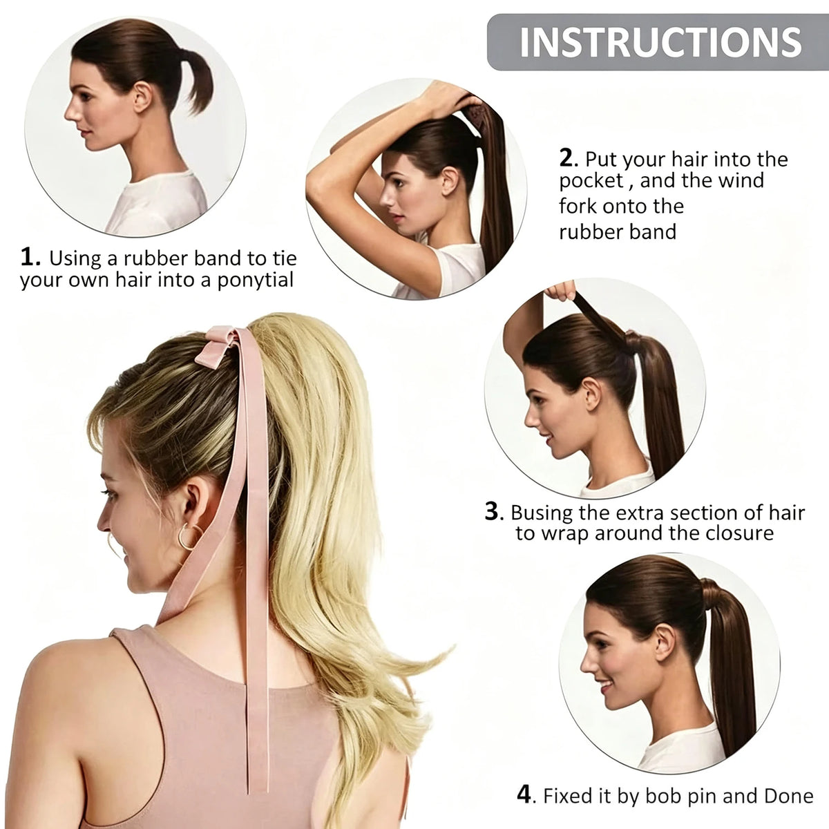 HSF Marketplace straight Velcro ponytail extension, 100% Brazilian Remy human hair, natural color, clip-in style