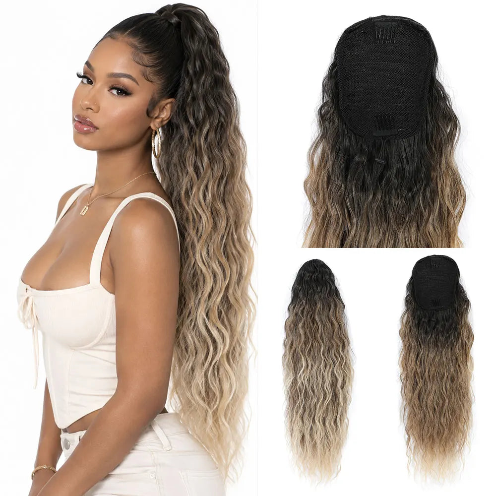 HSF Marketplace 26-inch 180g ombre brown blonde curly drawstring ponytail clip-in hairpiece