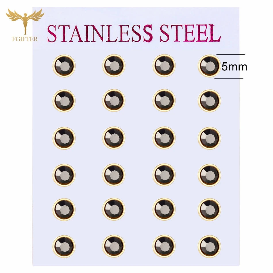 12 pairs white crystal stud earrings set, 2–7mm round and square zircon designs with golden stainless steel posts