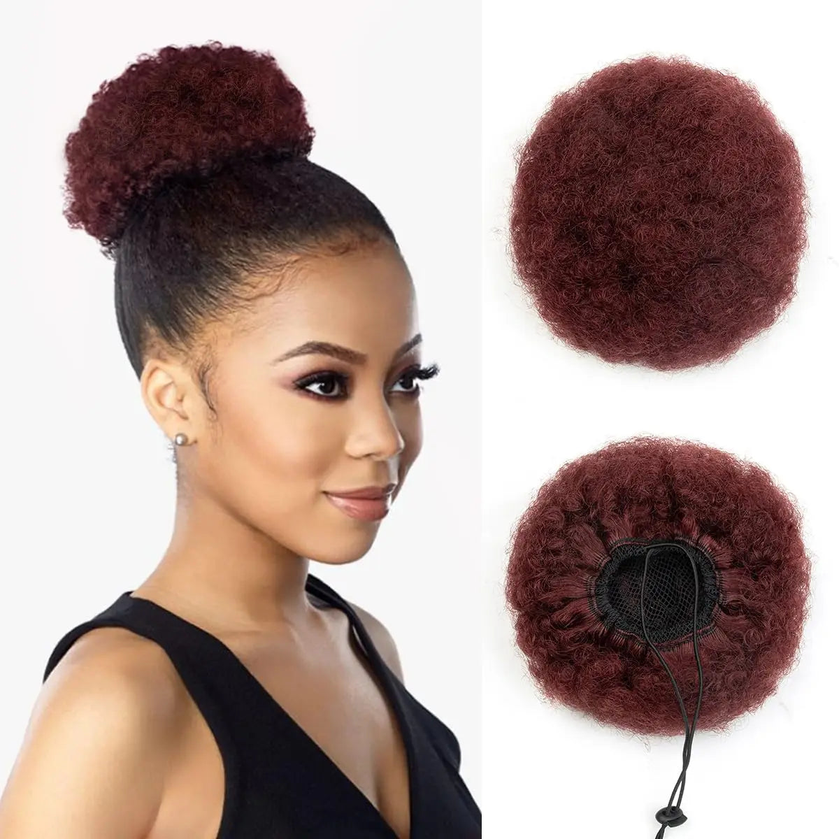 Curly human hair afro kinky puff drawstring ponytail bun hair piece in black, 4-8 inch updo extension