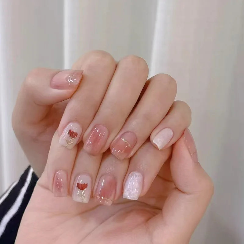 24-piece blush pink glitter diamond cat eye coffin press-on false nails with short square full-cover tips