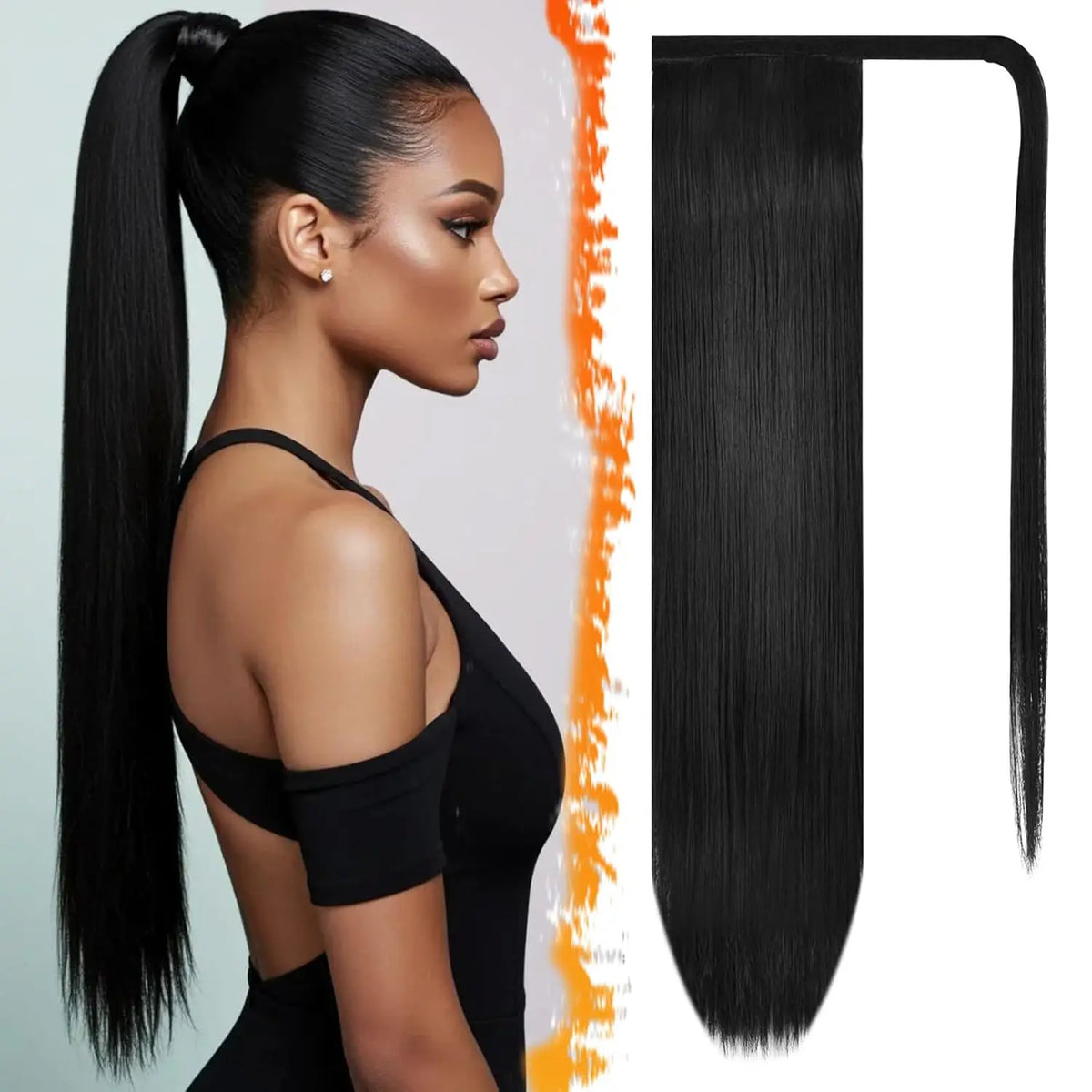 14 Inch Human Hair Ponytail Long Wrap Around Ponytail Natural Black Real Hair Ponytail Extension for Women Natural Black