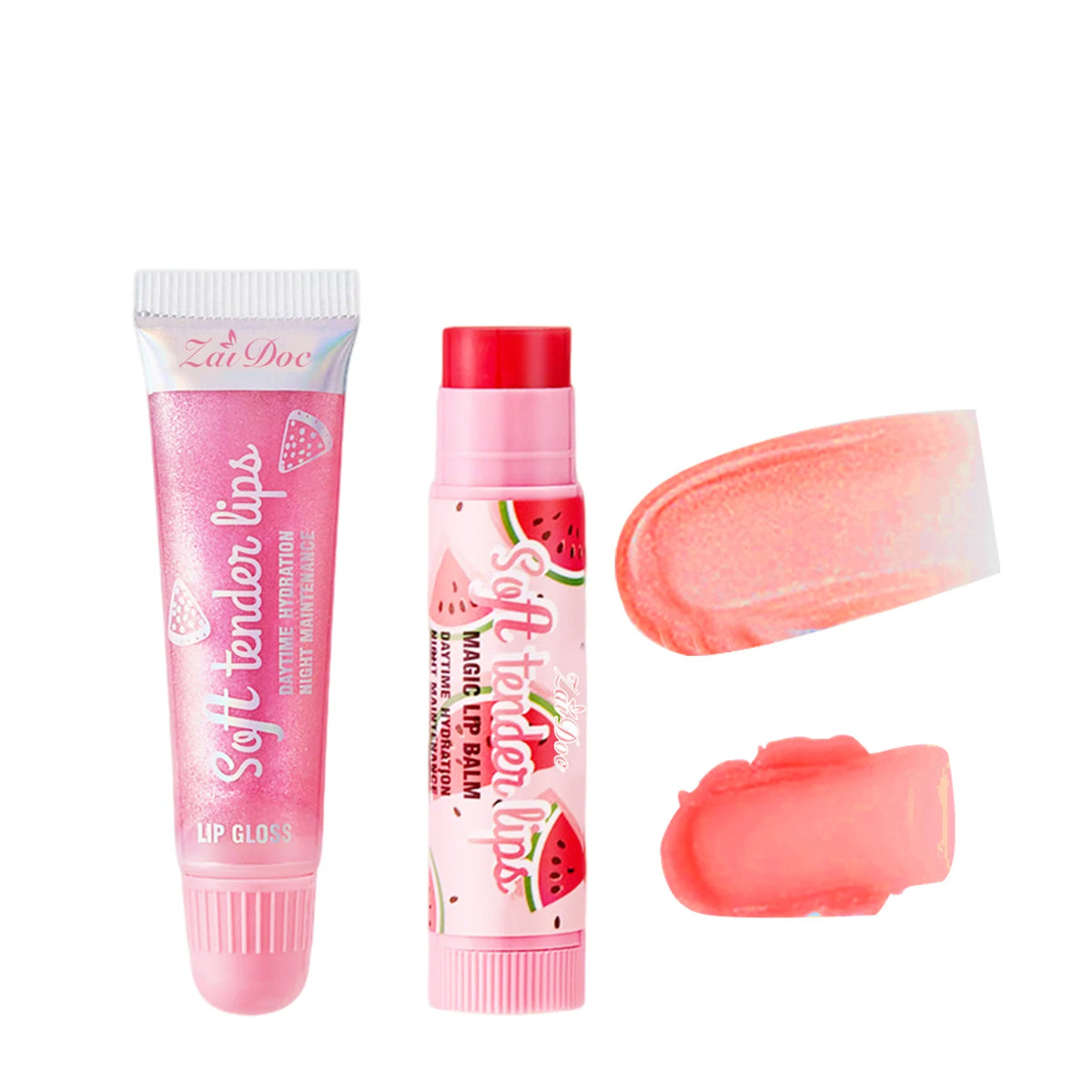 Set of four ZaiDoc fruity flavored lip balms and glosses with shiny, nourishing finish in 7g containers, ideal for moisturizing lips.