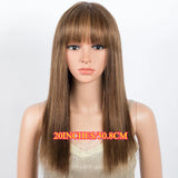 Blonde Rebecca straight human hair wig with bangs, full machine-made, Peruvian Remy hair, styled with color P4/30/27.