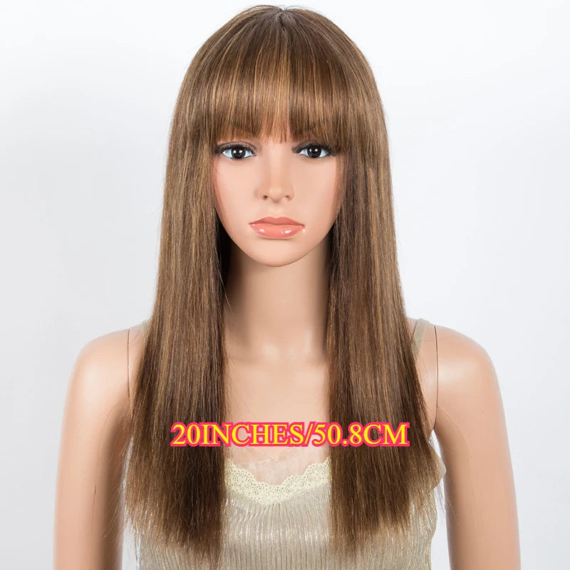 Blonde Rebecca straight human hair wig with bangs, full machine-made, Peruvian Remy hair, styled with color P4/30/27.