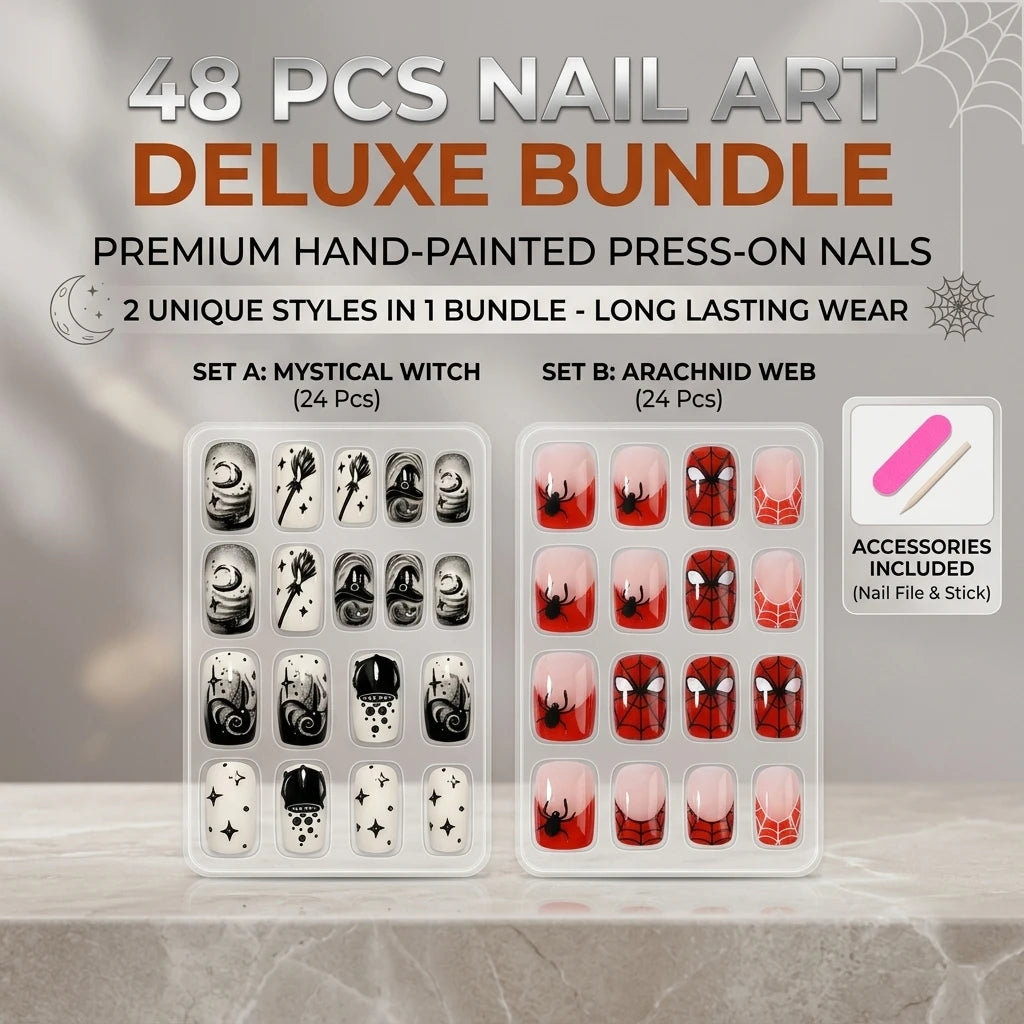 24-piece Halloween red glossy square press-on nails with spooky spider web design by HSF Marketplace