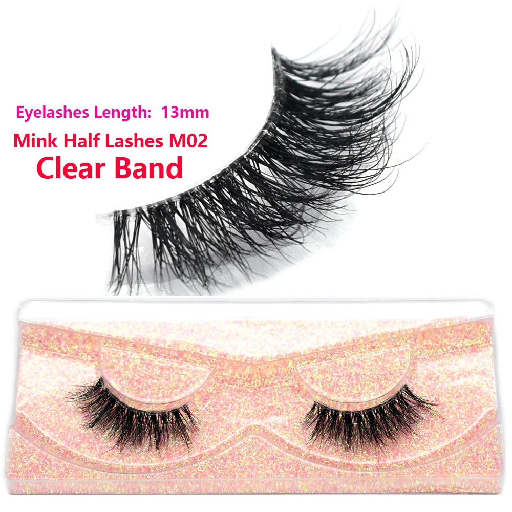 3D Mink Half Eye Lashes Natural Lightweight Short Fake Eyelashes Soft Fluffy Clear Band Strip Mink Lashes Extension