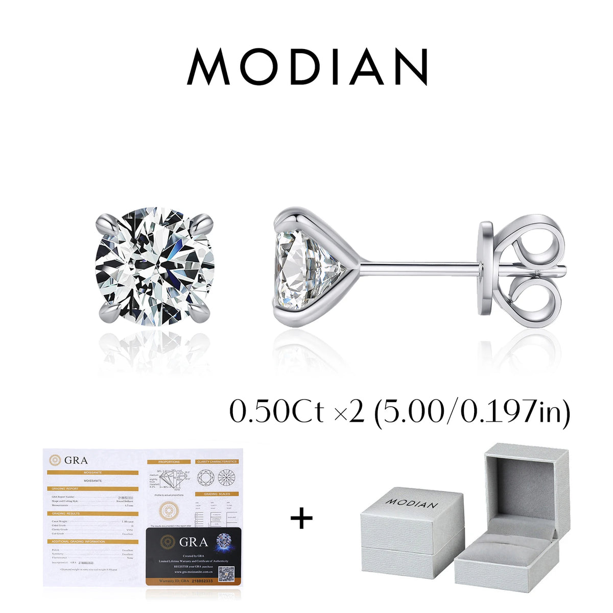 D color moissanite stud earrings in 925 sterling silver, sparkling MODIAN fine jewelry for women