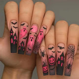 HSF Marketplace glitter pink sequins false nails with Halloween skull and love print, wearable ballet press-on nails