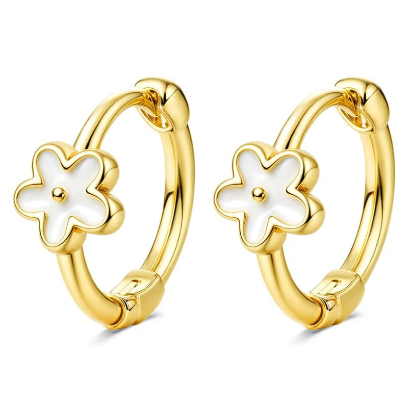Bobisty hypoallergenic screw-back stud hoop earrings with heart CZ flower design, surgical steel, 14K gold plated