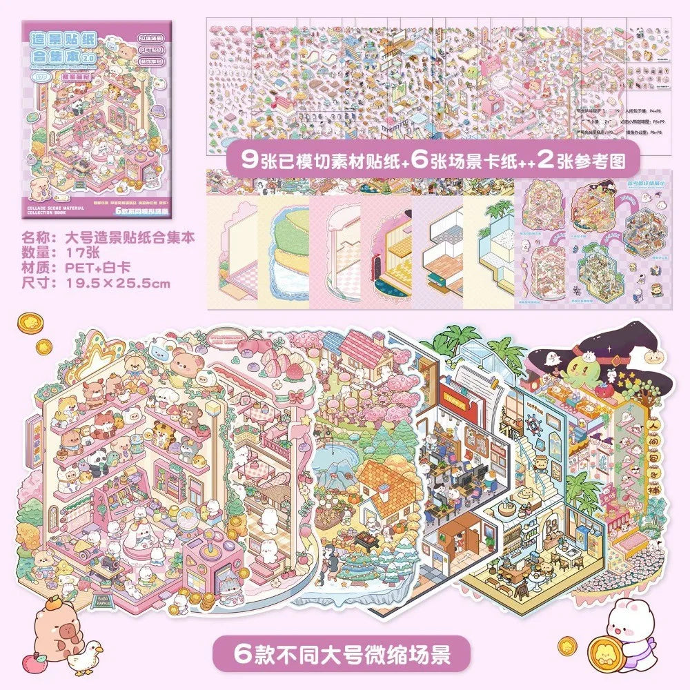 3D miniature house scene sticker book for creative kids by HSF Marketplace, showing detailed sticker designs