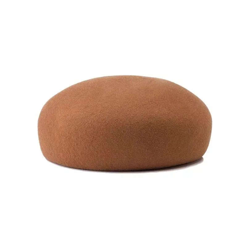 Women’s wool felt beret hat by HSF Marketplace with vintage hard concave top, styled as a wedding fascinator pillbox cap