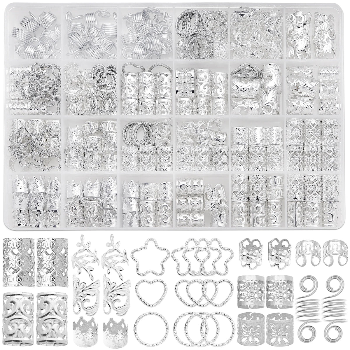 260Pcs/box Gold Silver Hair Beads Jewelry Braid Accessories Hair Clips Dreadlocks Braiding Braid Cuffs Metal Hair Rings Charms