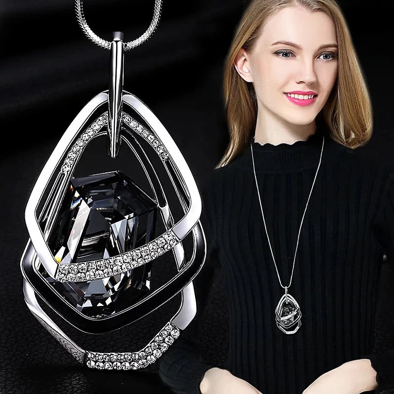 Long geometric pendant necklace for women by HSF Marketplace, stylish fashion jewelry with chain detail, perfect for statement accessories.