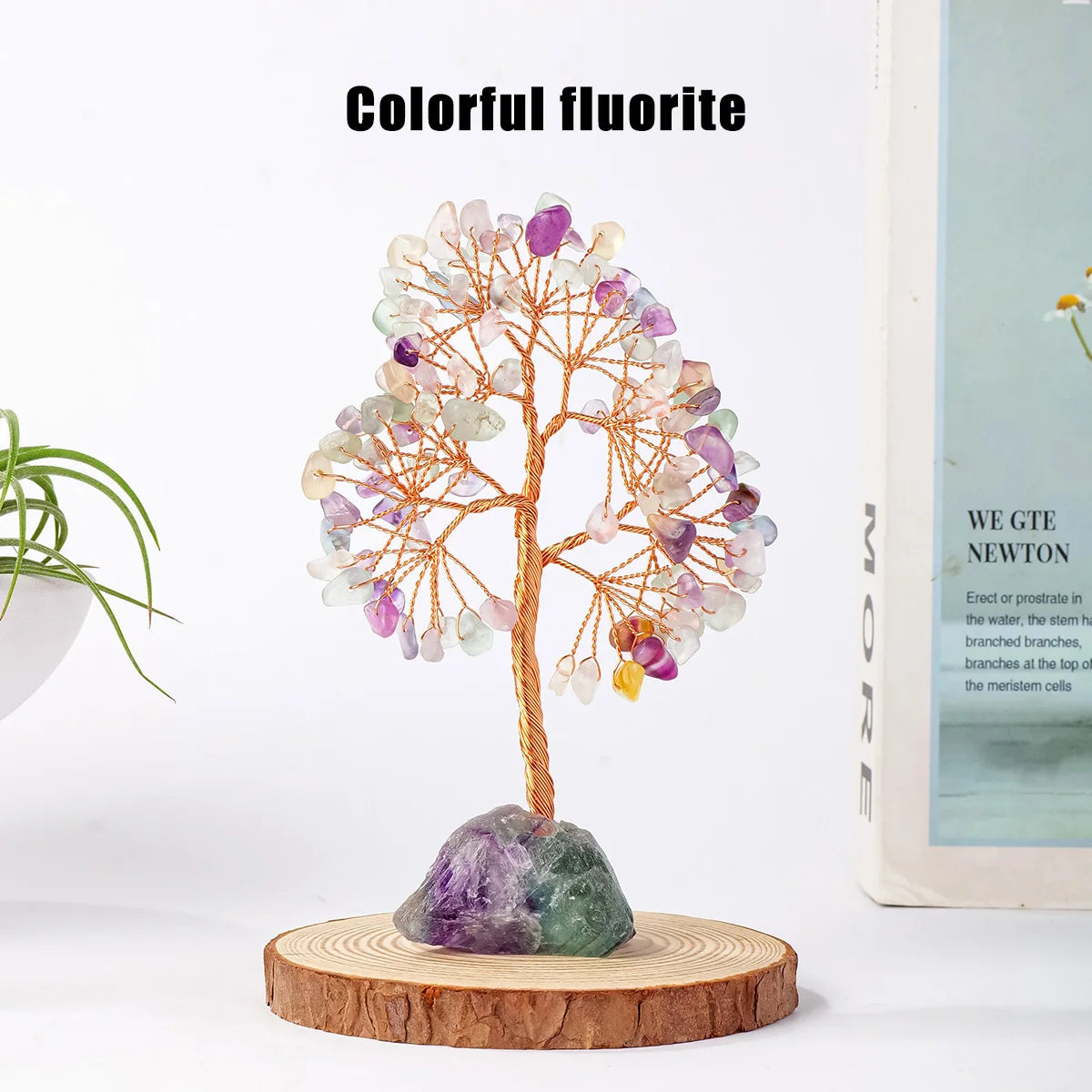 1PC Natural Gemstone Crystal Lucky Tree with Irregular Raw Stone Base for Home Office Desk Living Room Decor