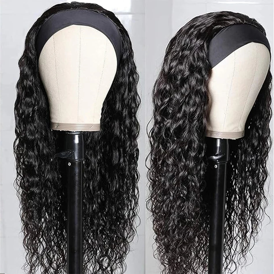 Water wave curly human hair headband wig, glueless half wig for women by HSF Marketplace