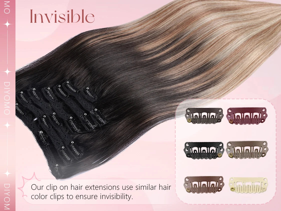 DIYOMO natural black straight PU clip-in hair extensions, 100% human hair with seamless invisible wefts