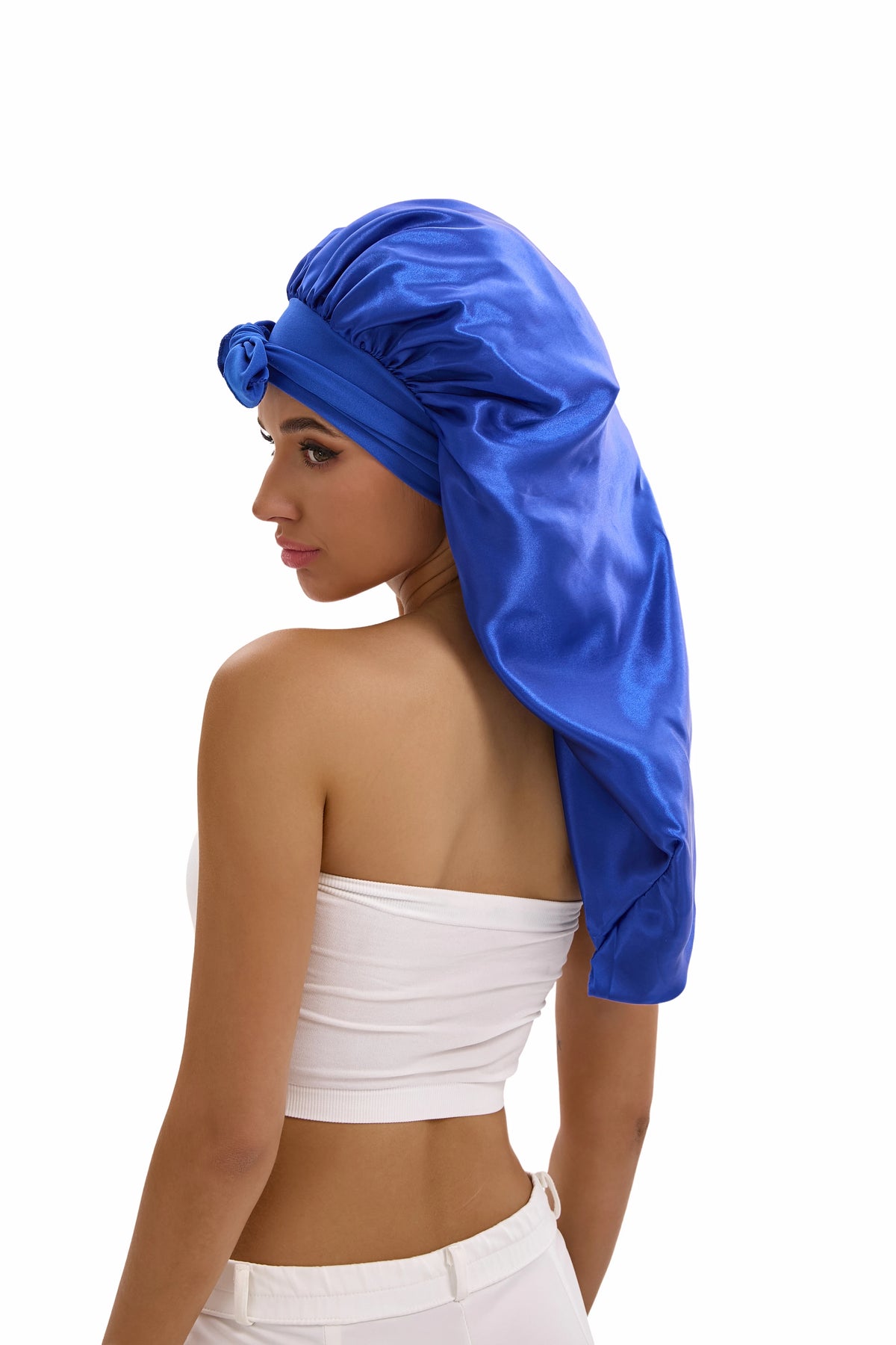 3-piece satin long bonnet set with wide brim and bow tie by HSF Marketplace
