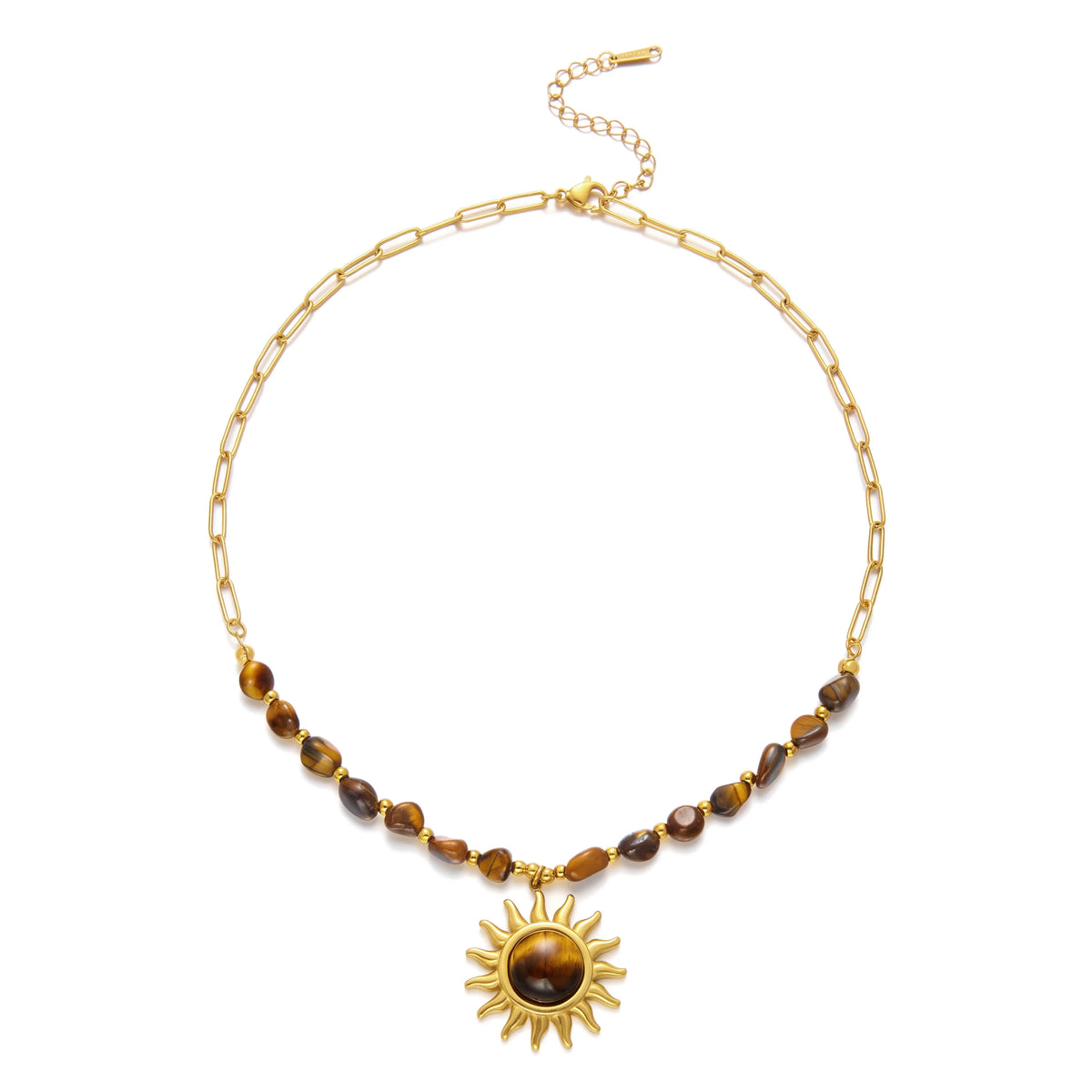 Gold-plated tiger eye stone sun necklace for women with stainless steel chain, waterproof and tarnish-free jewelry for parties and gifts.