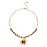 Gold-plated tiger eye stone sun necklace for women with stainless steel chain, waterproof and tarnish-free jewelry for parties and gifts.