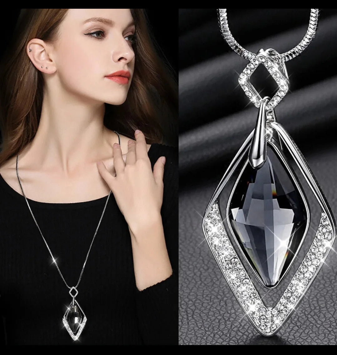 Long geometric crystal pendant necklace for women, featuring pearls and statement design, from HSF Marketplace jewelry collection.