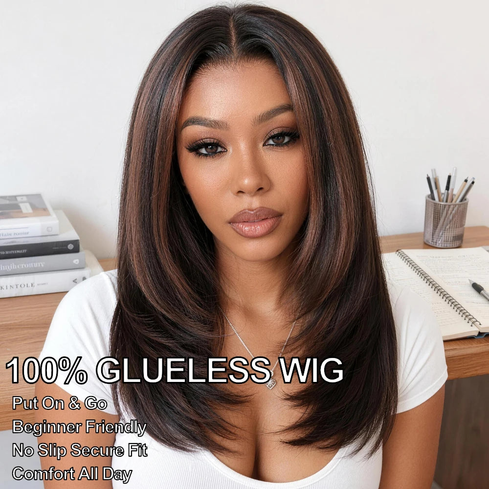 Sleek straight layered bob human hair wig with warm brown highlights by HSF Marketplace