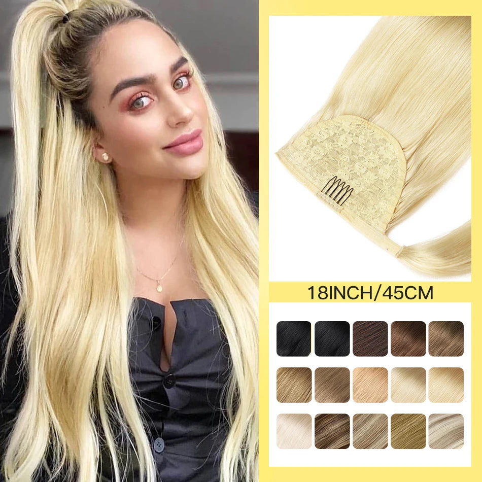 Yelo Remy human hair clip-on ponytail extension in straight blonde, brown, and black tones