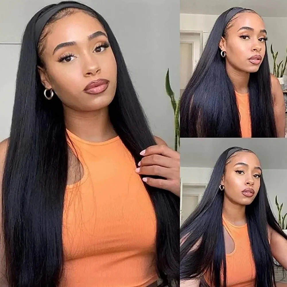 HSF Marketplace bone straight Peruvian human hair headband wig, full machine-made 180% density style