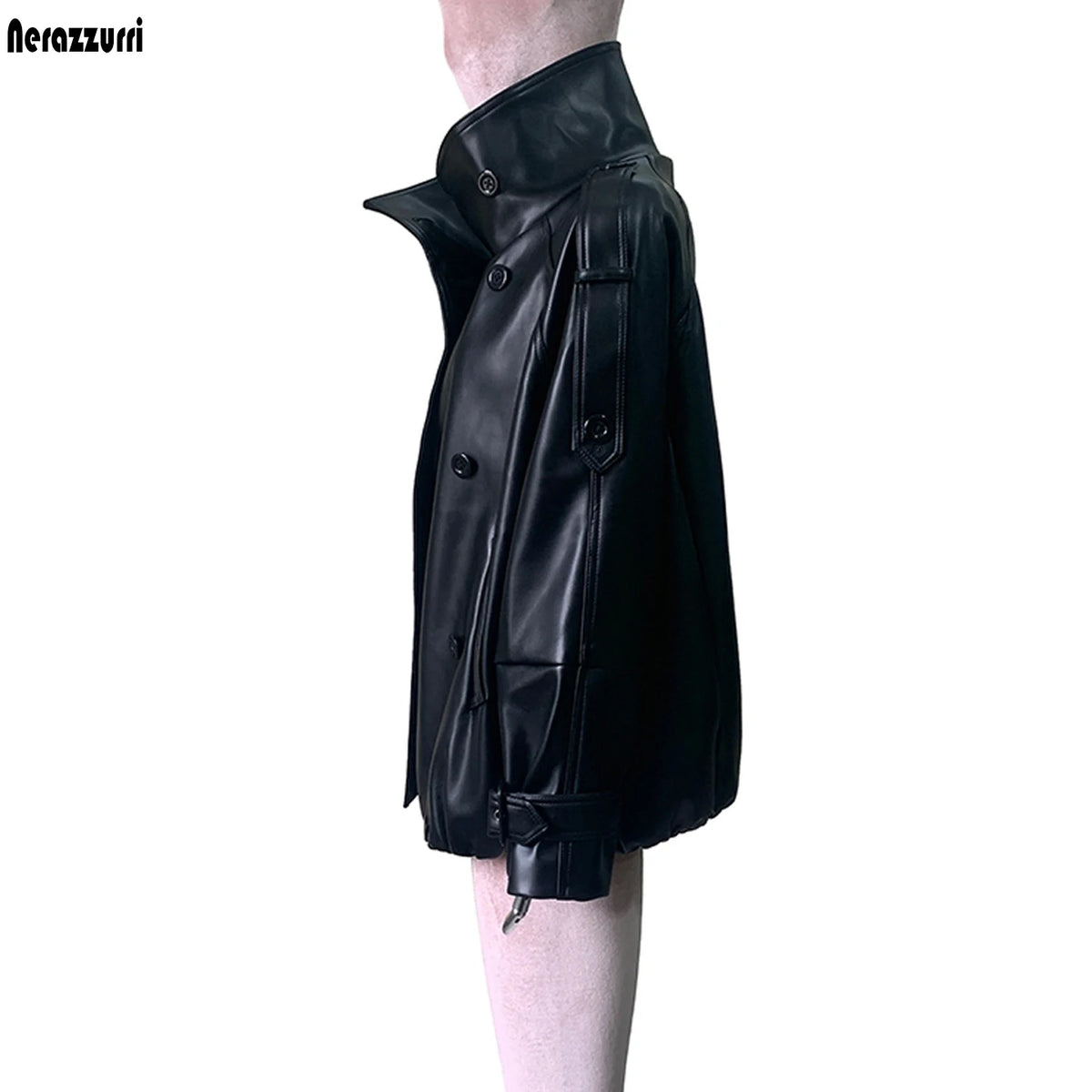 Nerazzurri women's autumn PU leather trench coat, double-breasted design with thick waterproof windproof finish