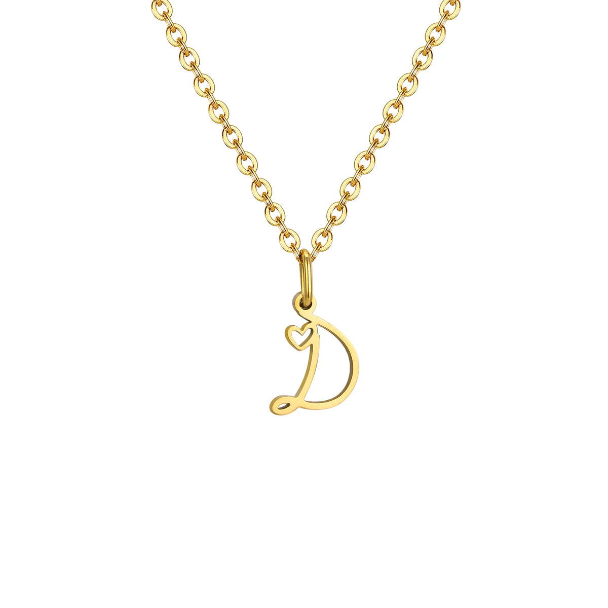 Gold plated dainty heart initial necklace for women featuring a stainless steel A-Z letter pendant, waterproof monogram jewelry.