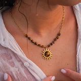 Tiger Eye stone stainless steel sun necklace for women, gold PVD plated choker chain, waterproof, tarnish-free party jewelry.
